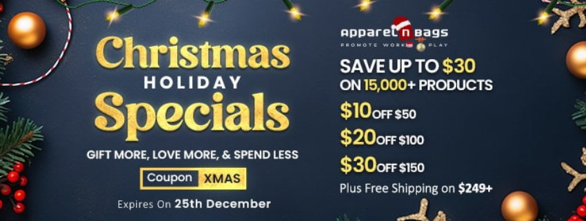 Discount code for Christmas Holiday Specials at ApparelnBags Inc