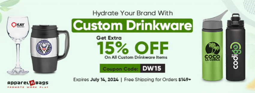 Discount code for Custom Drinkware at ApparelnBags Inc