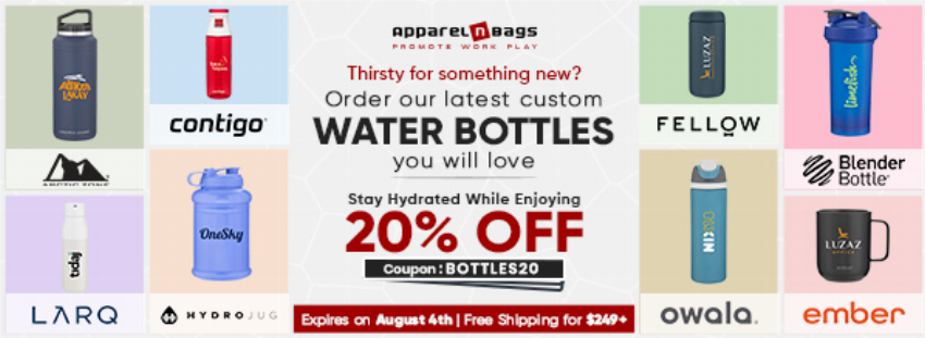 Discount code for Custom Water Bottles at ApparelnBags Inc