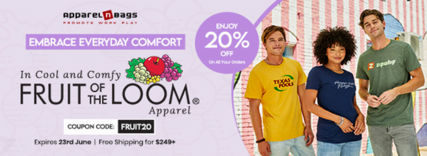 Discount code for In Cool and Comfy Fruit of the Loom Apparel at ApparelnBags Inc
