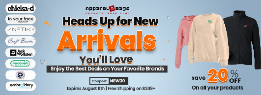 Discount code for New Arrivals at ApparelnBags Inc