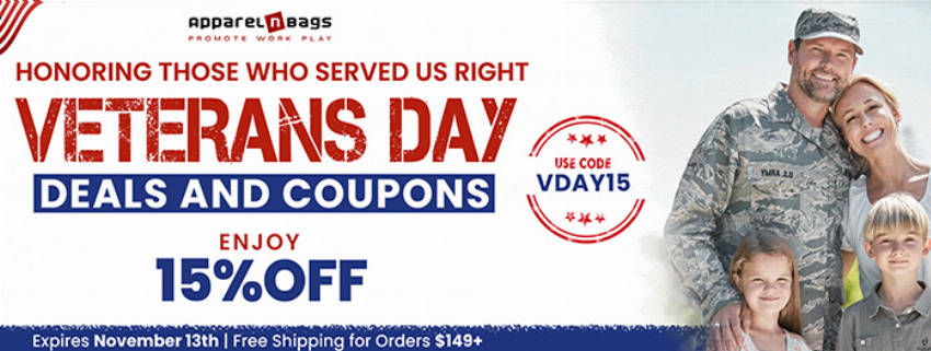 Discount code for Veterans Day at ApparelnBags Inc