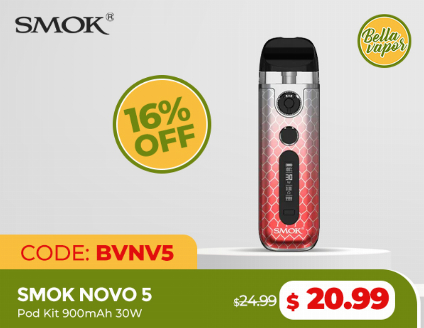 Discount code for 16% discount of SMOK Novo 5 Pod Kit 900mAh 30W only 20 99 at bellavapor