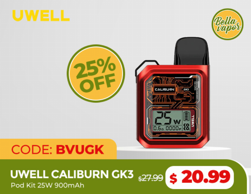 Discount code for 25% discount of Uwell Caliburn GK3 Pod Kit 25W 900mAh only 20 99 at bellavapor