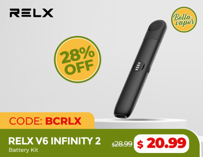 Discount code for 28% discount of RELX V6 Infinity 2 Battery Kit only 20 99 at bellavapor