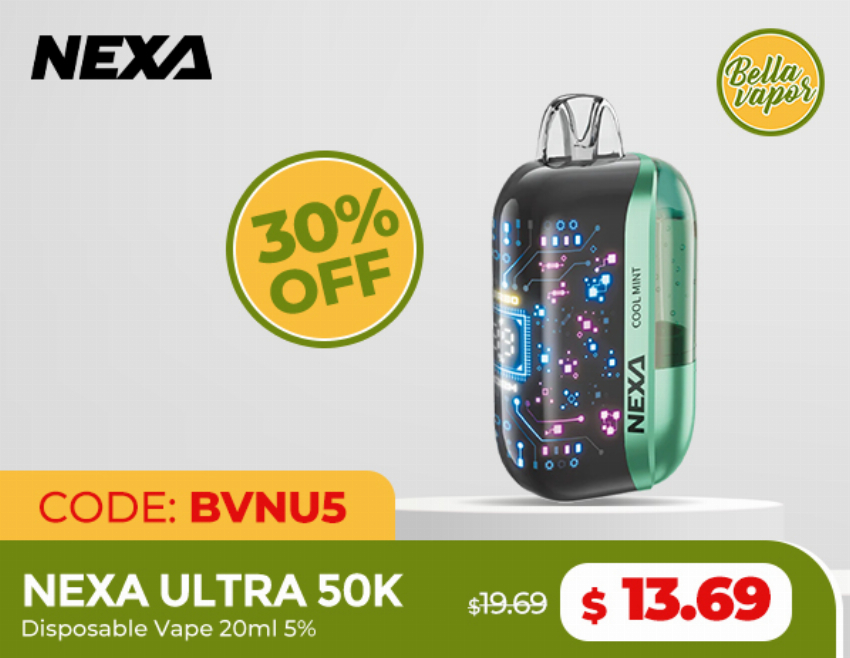 Discount code for 30% discount of NEXA Ultra 50K Disposable Vape only 13 69 at bellavapor