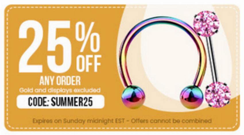 Discount code for 25% discount Any Order at BODYJEWELRY COM