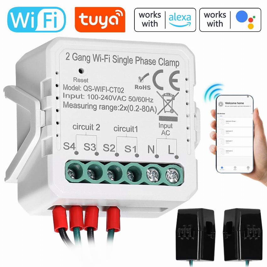 Discount code for 51% discount 19 19 Tuya WiFi 2 Gang 80A Single Phase Clamp Solar PV Bidirectional Two Way Energy Meter free shipping at Cafago