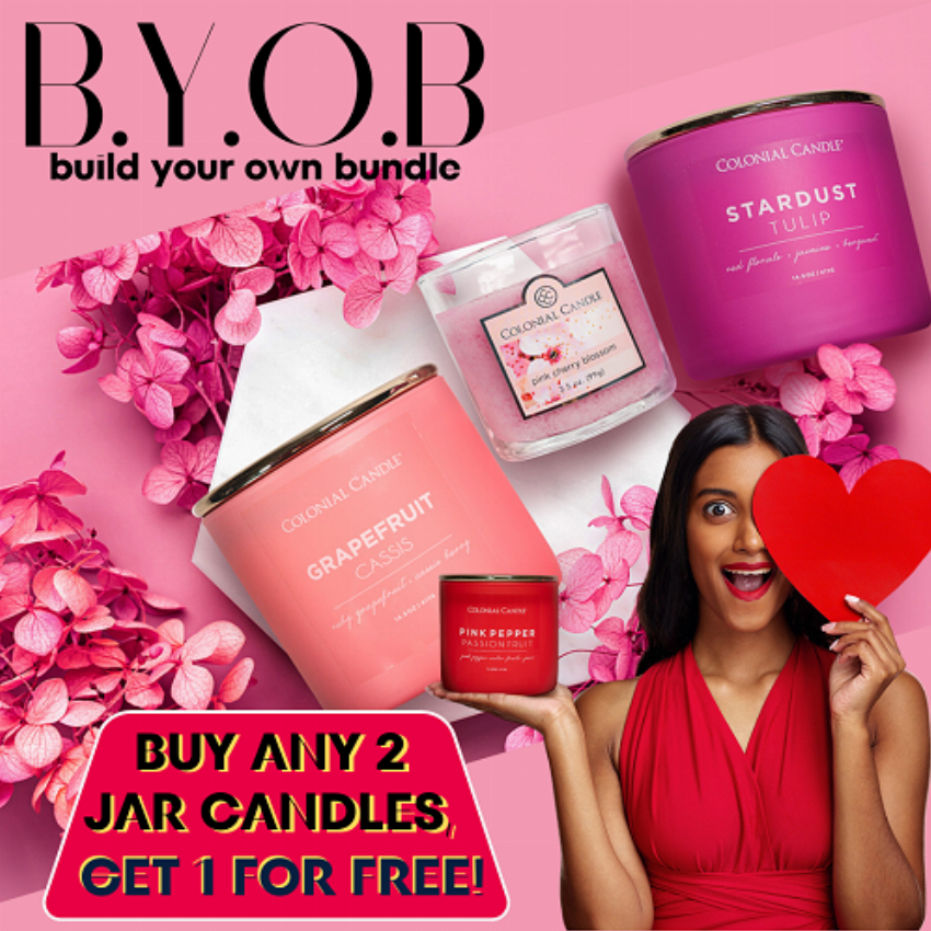 Discount code for B Y O B Buy 2 Get 1 Free Jar Candle at Colonial Candle