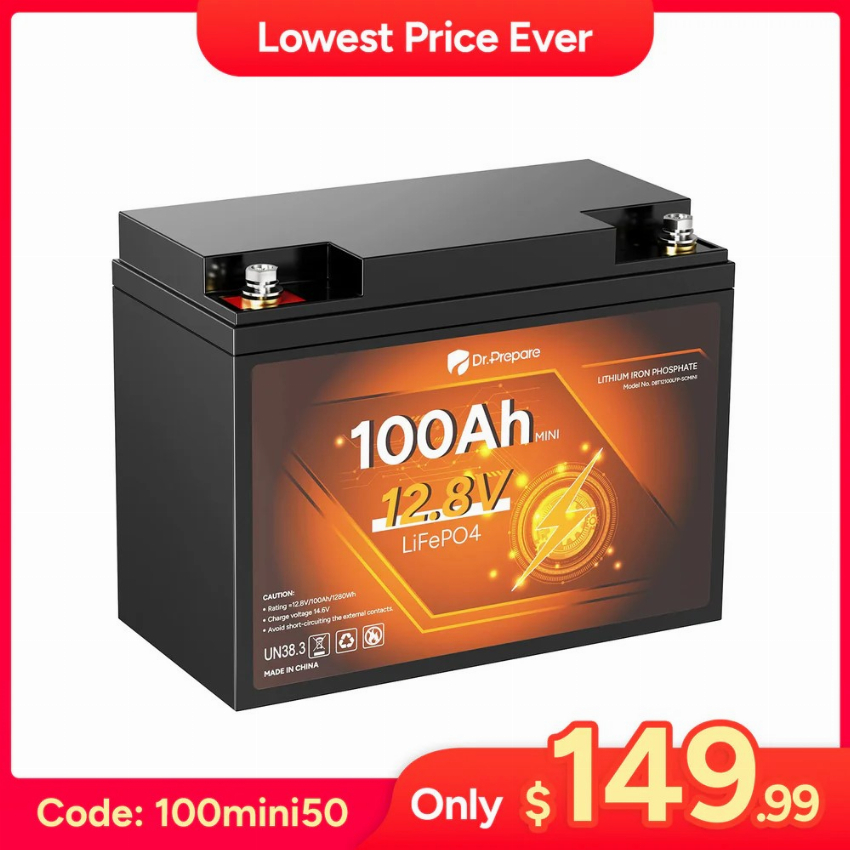 Discount code for 50 OFF for 12 8V 100Ah mini lithium iron battery at Dr Prepare