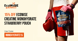 Discount code for 15% discount EcoWise Creatine Monohydrate Strawberry Pauch at ECOWISE WELLNESS