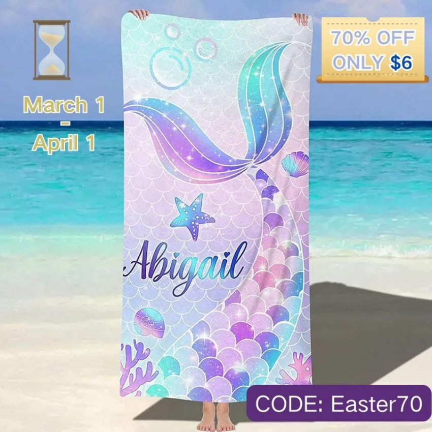 Discount code for 70% discount Lofaris 6 Personalized Mermaid Tail Name Beach Towel For Girl Sale on March at Lofarisbackdrop