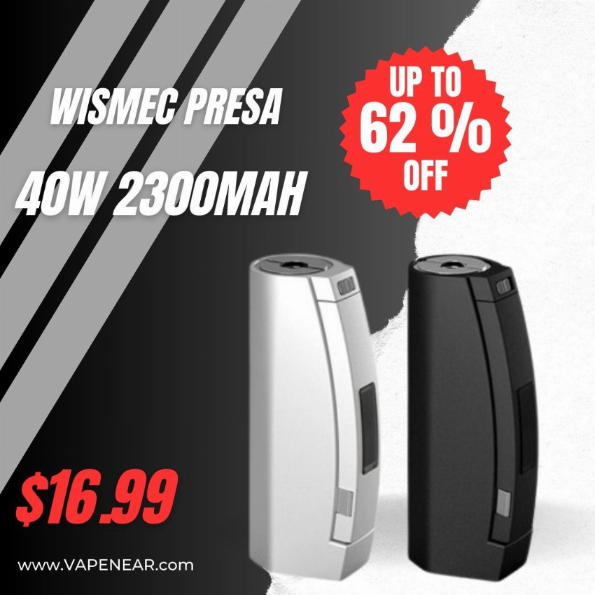 Discount code for WISMEC PRESA 40W 2300MAH 62% discount at Vape Near A