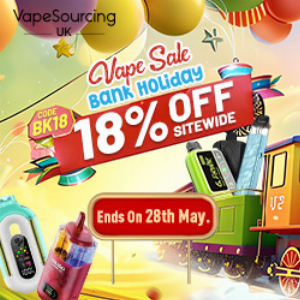 Discount code for 18% discount Sitewide For Bank Holiday Vape Sale at VapeSourcing uk