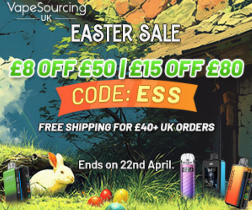 Discount code for Easter Vape Sale 8 OFF 50 15 OFF 80 Free Shipping For 40 Orders at VapeSourcing uk