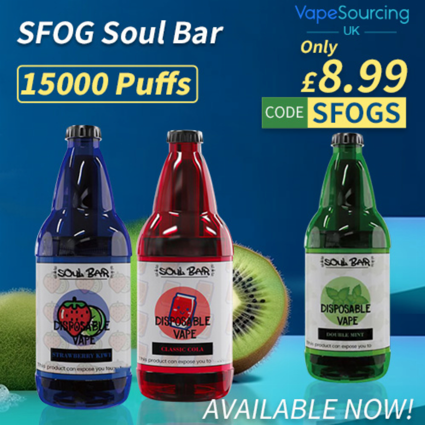 Discount code for 47% discount for SFOG Soul Bar Disposable Vape Kit 15000 Puffs at VapeSourcing uk
