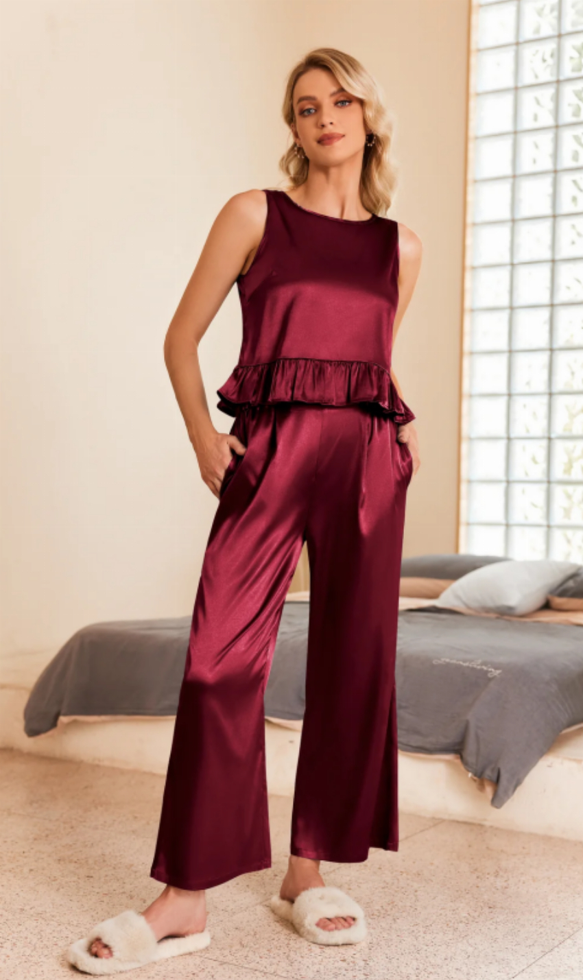 Discount code for 30%off SATIN RUFFLE 2-PIECE PAJAMAS T at www ekouaer