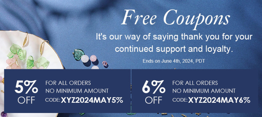 Discount code for 5% discount Storewide Free Coupon at Xyzbeads at Xyzbeads